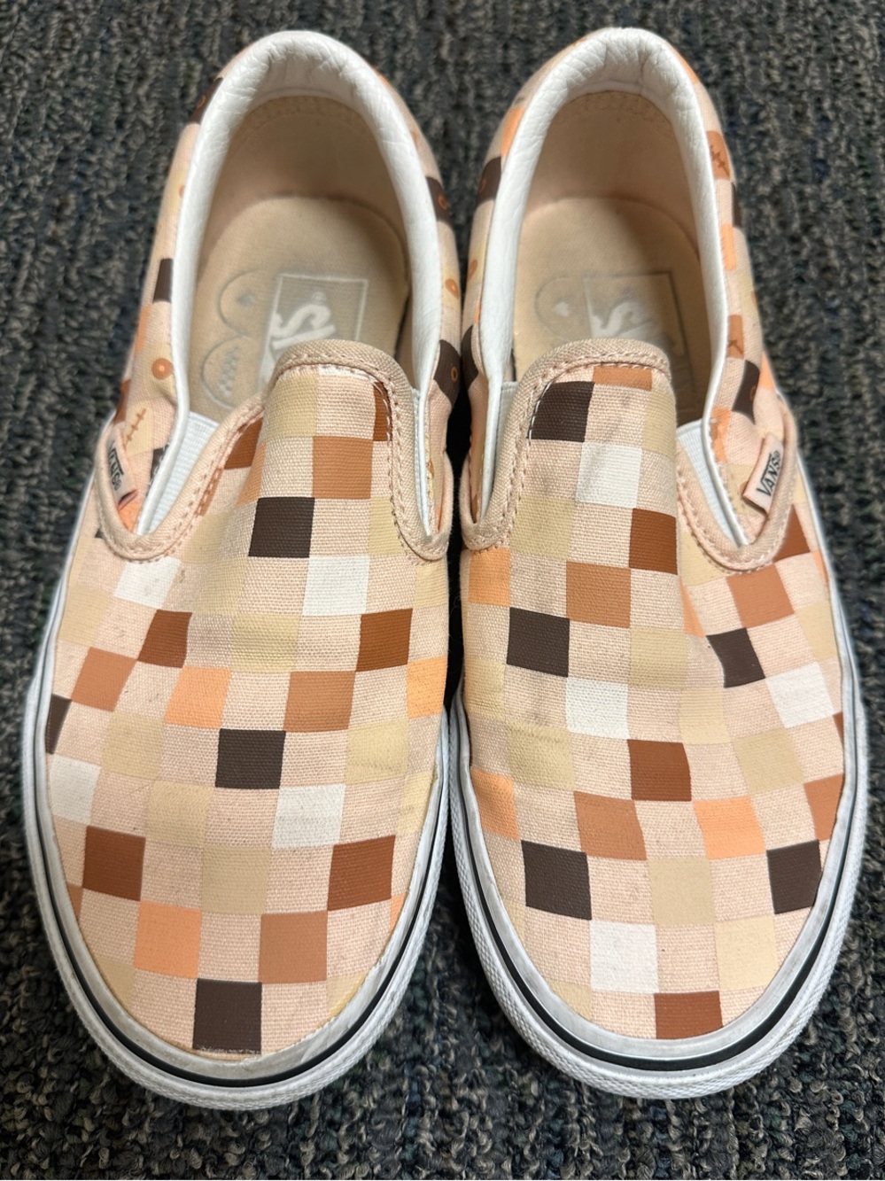 Vans Checkerboard Slip-On Flats in Peach, Brown & Cream